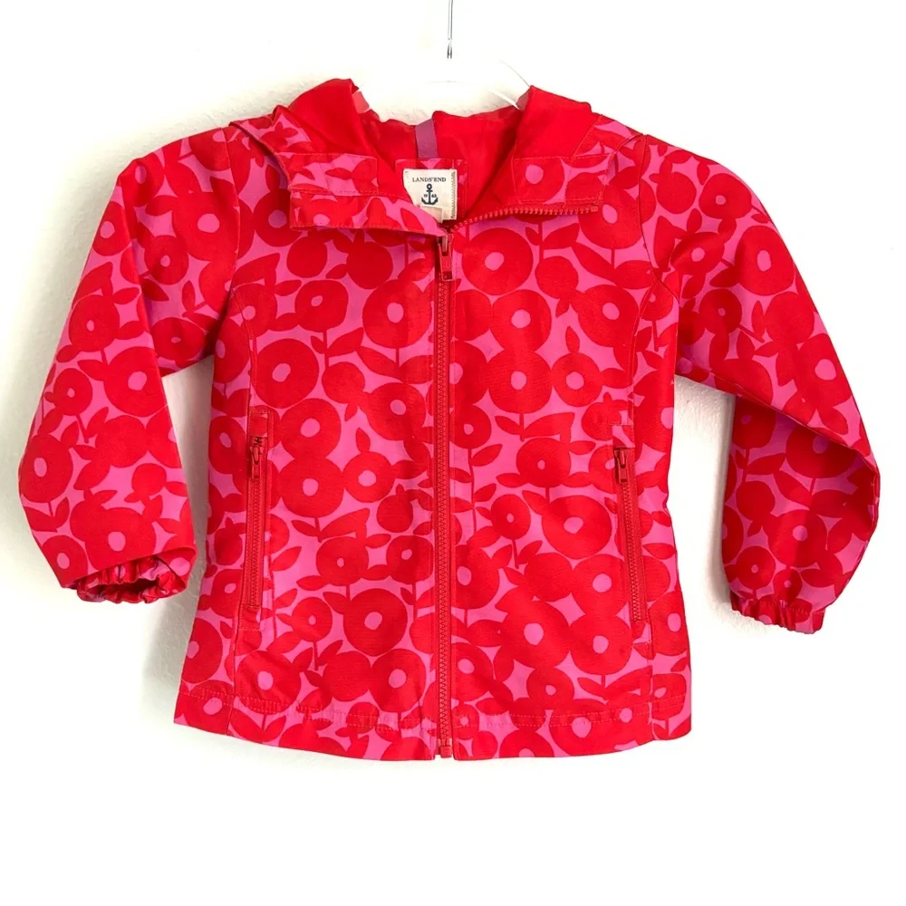 Land’s End | Girls Lightweight Pink Red Floral Zip Up‎ Jacket w Hood Size 4